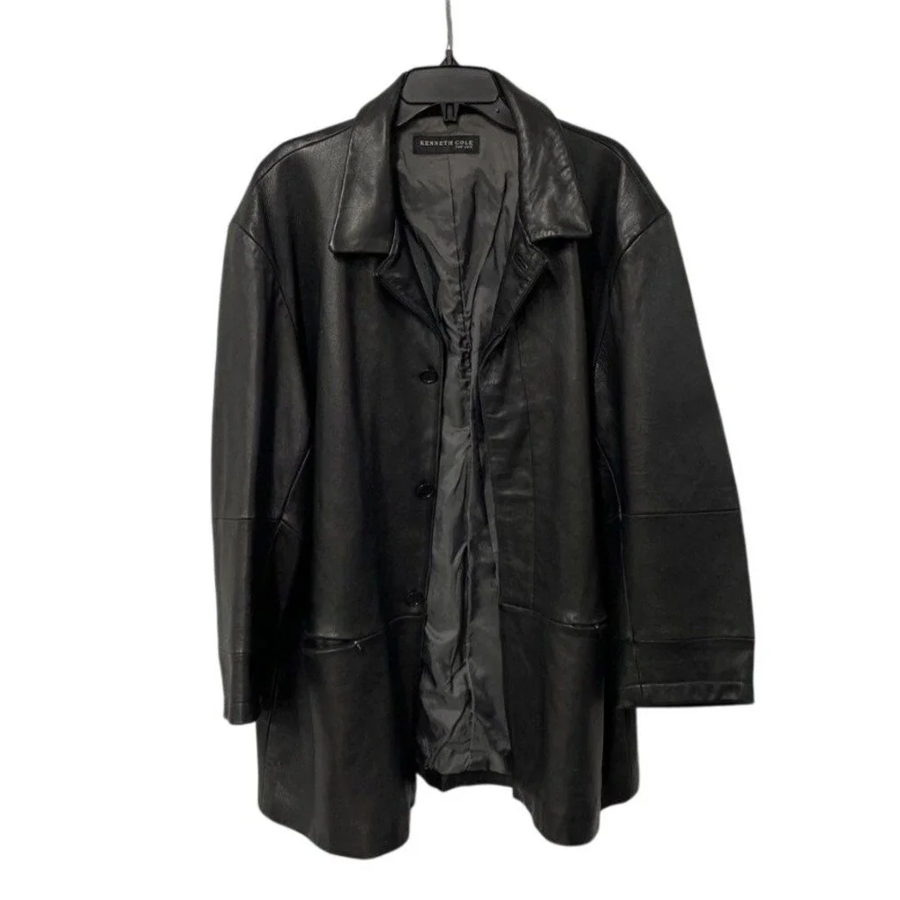 Kenneth Cole New York Mens Black Leather Car Coat Jacket XL Button Front Classic